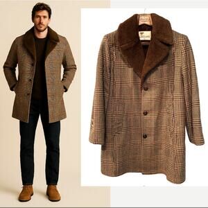 Huckberry Vintage L Plaid Tweed Wide Lapel Shearling Coat Long Jacket Brown 42